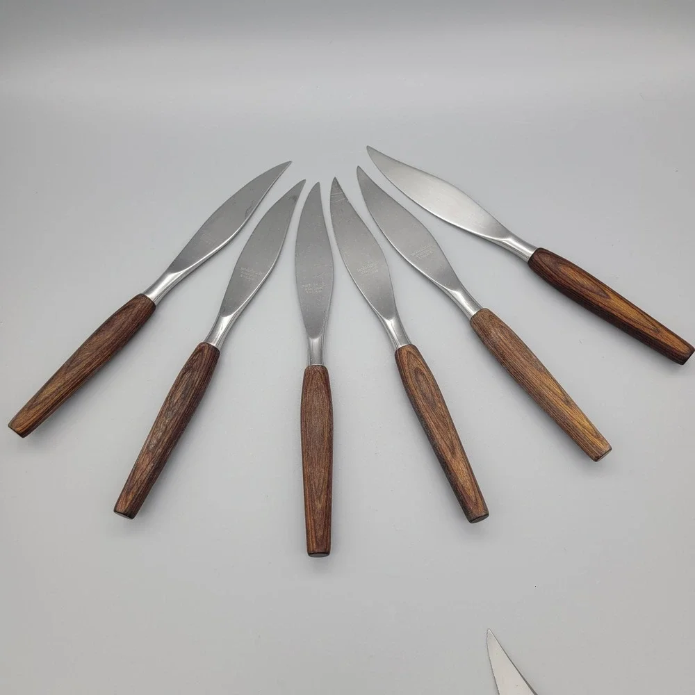 Mode Danish Dinner Knives Set of 6‎ Wood Handle Stainless Steel England MCM